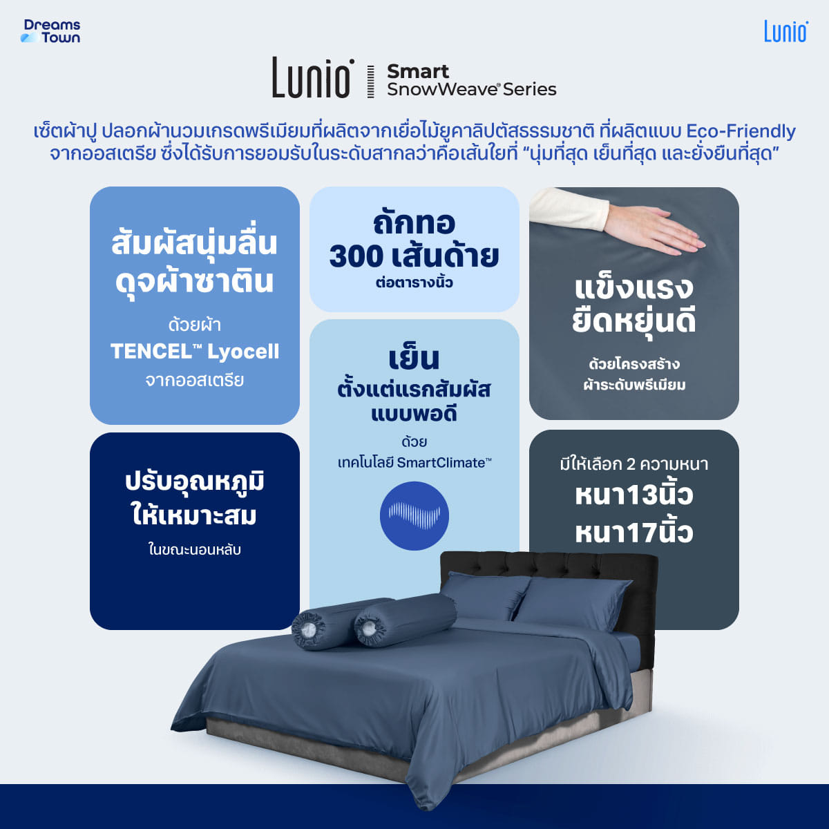 เซ็ตผ้าปูที่นอน เกรดพรีเมียม 5ฟุต LUNIO SMART SNOWWEAVE BEDDING SET QUANTA BLUE สีน้ำเงิน 3ชิ้น (สำหรับที่นอนหนา 13นิ้ว)_6